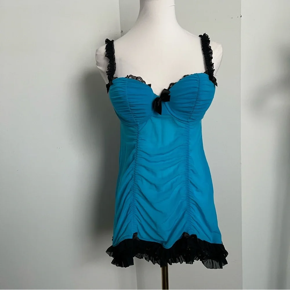 Vintage Y2K Turquoise Babydoll Chemise Lingerie Black Lace Bow Trim M - Picture 3 of 6